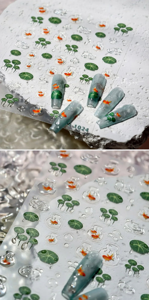 Lotus Flower Leaf Goldfish Ripple Wavelet Water Droplet Lotus Pond Brocaded Carp Self Adhesive Nail Art Stickers Manicure Decals (Online Order Only)