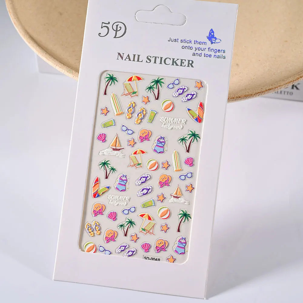 Summer Sea Shell 5D Nail Art Sticker Tropical Beach Coconut Slippers Decals Embossed  Conch Starfish Ocean Theme Nail Art Decor* (ONLINE ORDER ONLY)