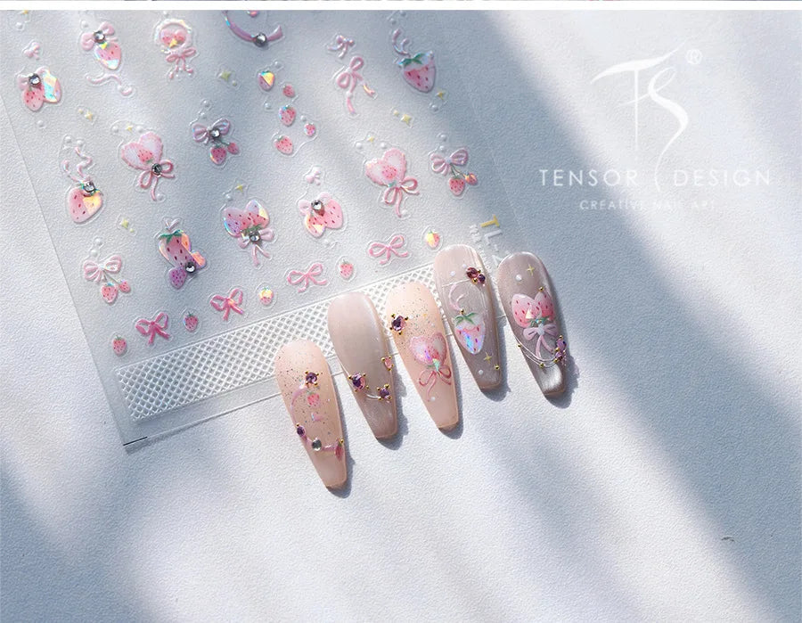 Cute Pink Strawberry Bowknot Star Lesbian Ribbon Fluttering Fruit Rhinestone Relief Adhesive Nail Art Stickers Manicure Decals (ONLINE ORDER ONLY)