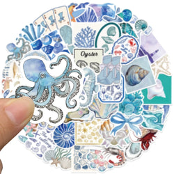 50pcs Aesthetic Cartoon Shell Blue Ocean Stickers Waterproof Graffiti For Luggage Guitar Phone Diary Laptop Vinyl Decals (Online Order Only)