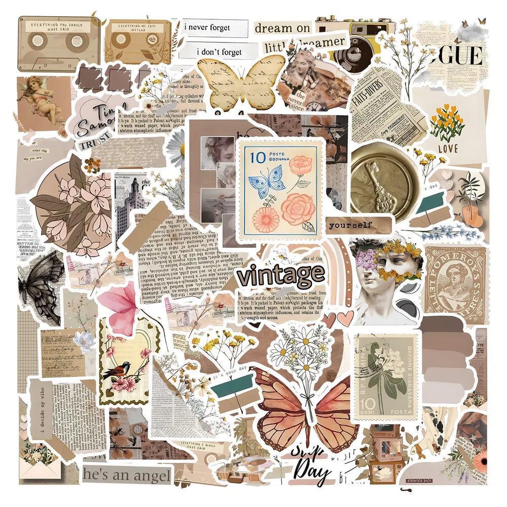 Vintage Flower Art Stickers - 10/30/60pcs Aesthetic Decals for Notebook, Water Bottle, Guitar, Kids (Online Order Only)
