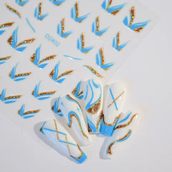 6pcs/Set Blue Gold Glitter French Design 5D Nail Stickers Curve Lines Swirls Wave Nail Sliders Reflective Flakes Decals Manicure (ONLINE ORDER ONLY)