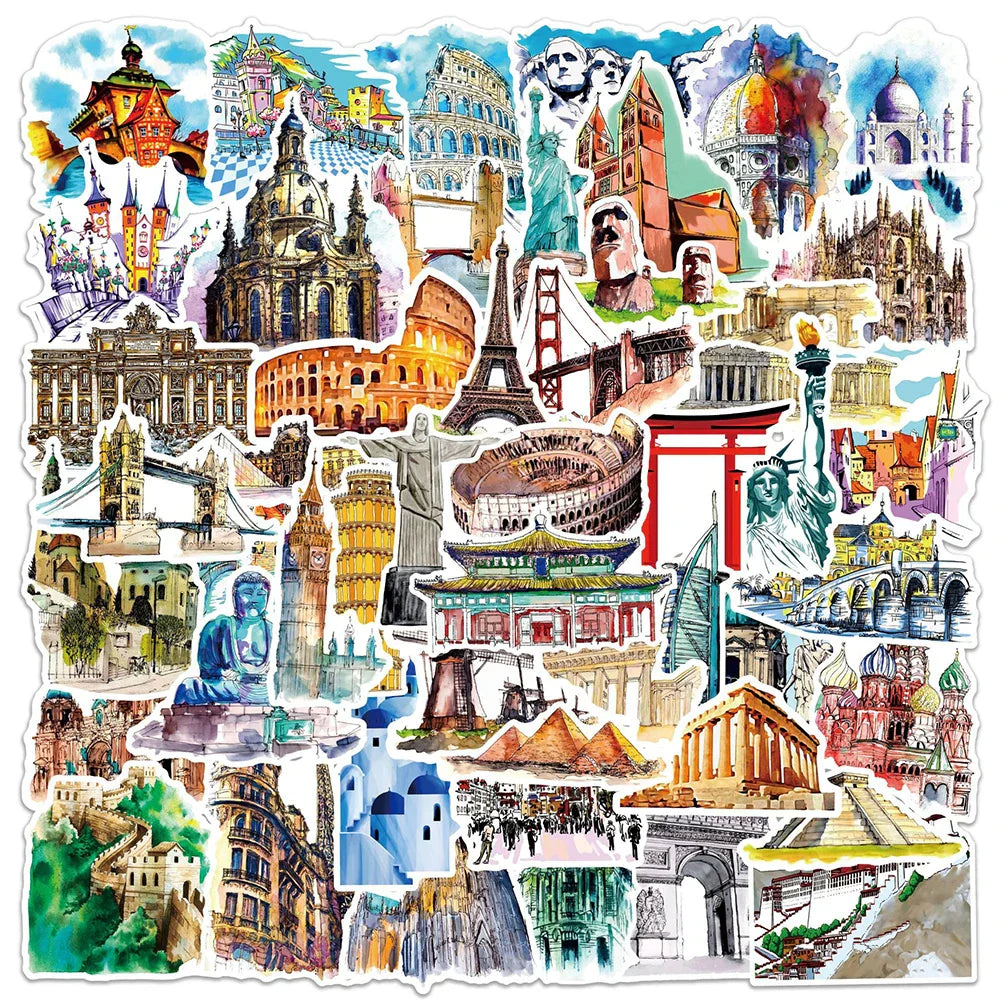 World Landmark Stickers: 10/30/50pcs Travel Decal Set for Notebook, Suitcase, Wall (ONLINE ORDER ONLY)
