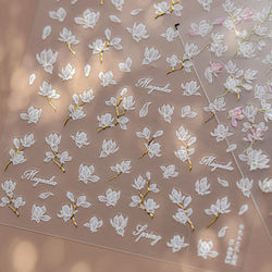 Translucent White White Pink Magnolia Rose Flower Floral Soft Embossed Relief Adhesive Nail Art Stickers Chic 3D Manicure Decals (ONLINE ORDER ONLY)