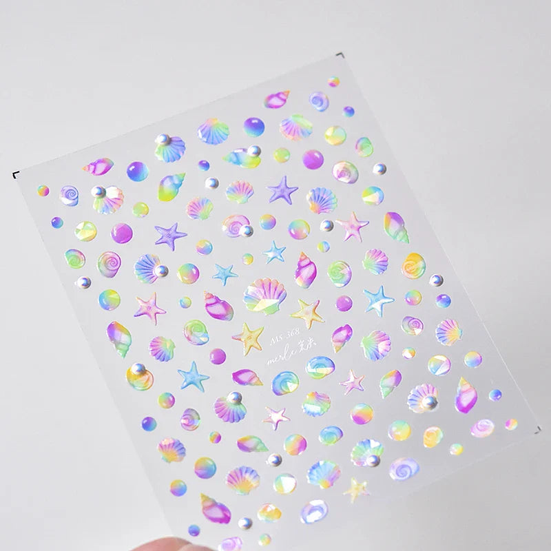 Fantasy Beach Summer Dreamy Colorful Seasnail Shell Pearl Conch Jelly Star 5D Decals Soft Relief 3D Decoration Nail Art Stickers (Online Order Only)