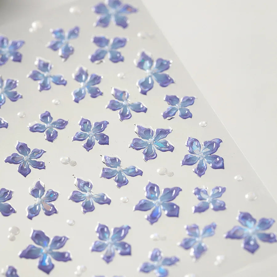 Charming Dreamy Shiny Jelly Blue Gradient Lily Flowers Rose Petal White Dot Chinese Colorful Nail Art Stickers Manicure Decals (ONLINE ORDER ONLY)