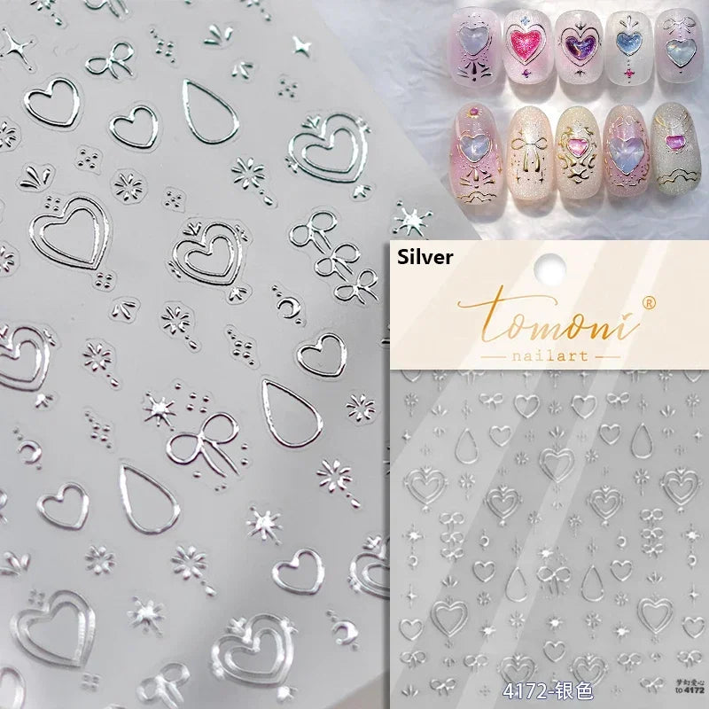 Flat Small Pink Brown Halo Dyeing Love Heart Geometric Leopard Shiny Jelly Chic Embossed Relief Nail Art Stickers Manicure Decal (Online Order Only)