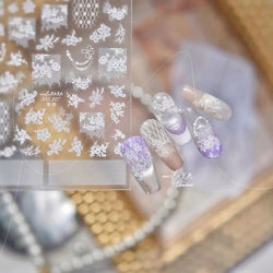 Dreamy Lace Rose Flower Fabric Art Tender Gauze Gird Pearl Pendant Irregular Pattern Nail Art Stickers Decoration Manicure Decal (ONLINE ORDER ONLY)