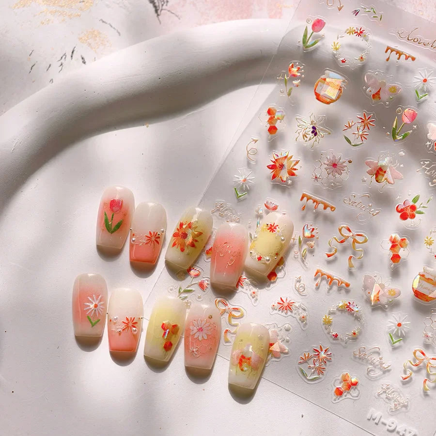 Vivid Honey Bee Ribbon Bowknot Pot Daisy Wreath Flower Shining Tulip Honeycomb Jar Self Adhesive Nail Art Sticker Manicure Decal (ONLINE ORDER ONLY)