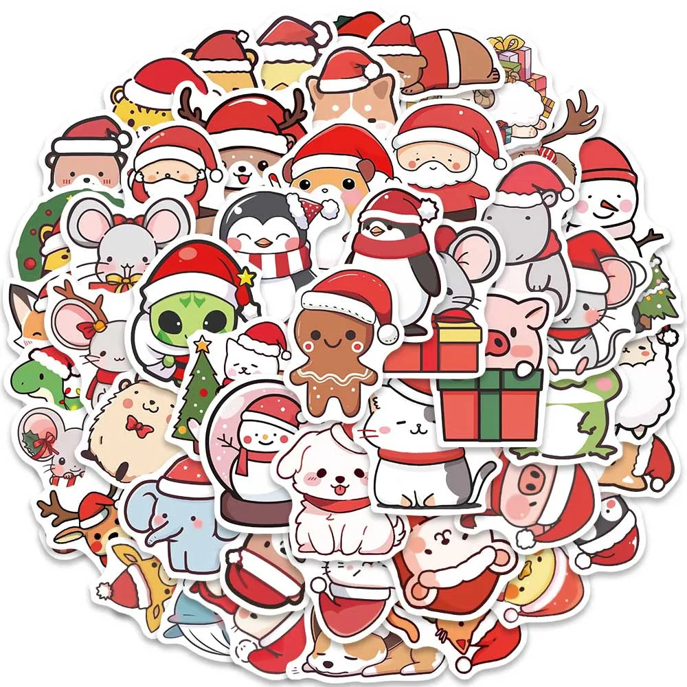 50pcs Cute Cartoon Merry Christmas Animals Stickers For Laptop Water Bottle Luggage Guitar Waterproof Graffiti Vinyl Decals (ONLINE ORDER ONLY)