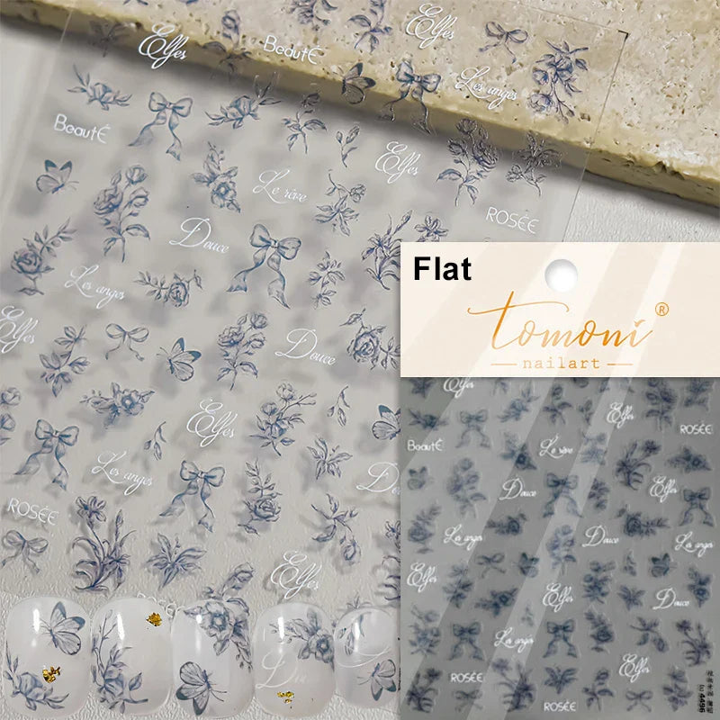 Brown Blue White Hand Drawn Sketch Plants Leaves Bowknot Butterfly Flowers Adhesive Nail Art Decoration Stickers Manicure Decals (Online Order Only)