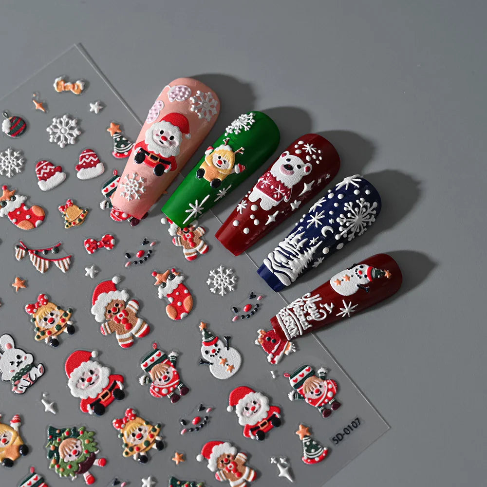 5D Embossed Gingerbread Man Nail Art Sticker Cute Christmas Winter Santa Claus Snowflake Elk Engraved Slider Manicure Decoration (ONLINE ORDER ONLY)