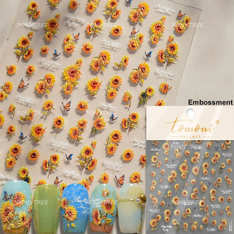 Embossed Shiny Vigor Sunflower Turnsole Vitality Butterfly Daisy Oil Painting Plant 5D Adhesive Nail Art Sticker Manicure Decals (ONLINE ORDER ONLY)