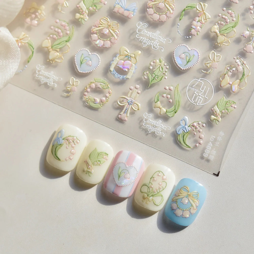 Spring Pink Lily of The Valley Flowers Blooming Blue Bowknot Heart 5D Soft Relief Self Adhesive Nail Art Sticker Manicure Decals (Online Order Only)