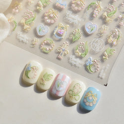 Spring Pink Lily of The Valley Flowers Blooming Blue Bowknot Heart 5D Soft Relief Self Adhesive Nail Art Sticker Manicure Decals (Online Order Only)