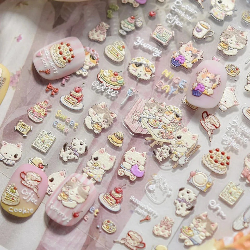 Cute Cat Cherry Sweet Cake Dog Butter Cookie Coffee Strawberry Jam Ice Cream Adhesive Nail Art Decoration Sticker Manicure Decal (Online Order Only)