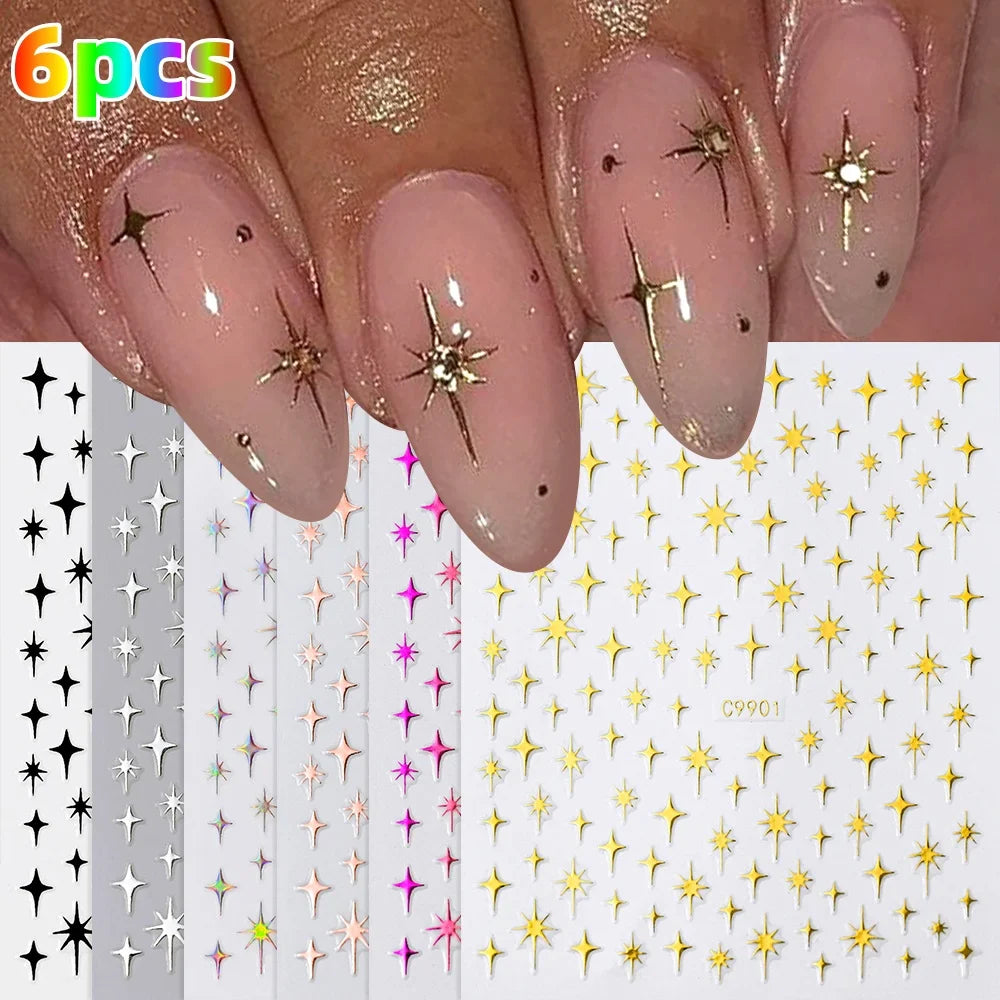 6Pcs 3D Silvery Star Nail Sticker Y2K Nail Design Gold Bronzing Slider Chrome Effect Nail Decoration Nail Design Manicure Tips * (ONLINE ORDER ONLY)