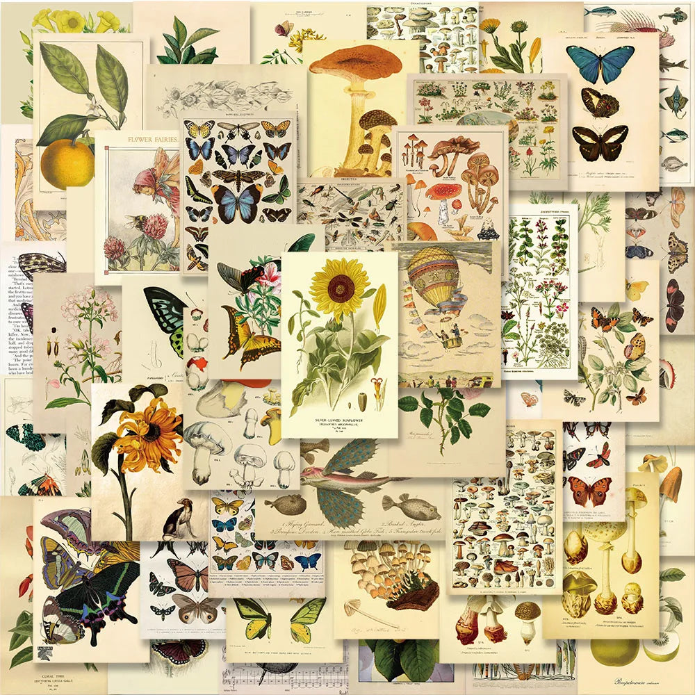 50PCS Vintage Flower Animal Postcard Stamp Stickers Aesthetic Scrapbook Laptop (Online Order Only)