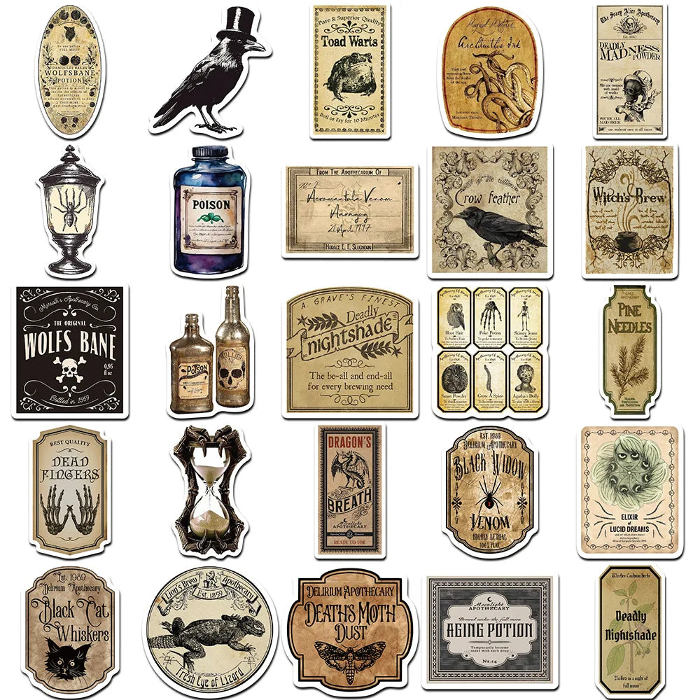 10/30/50PCS Vintage Horror Poison Label Stickers Gothic Pharmacist Decals Waterproof Graffiti Toys DIY Skateboard Scrapbook Bike (ONLINE ORDER ONLY)