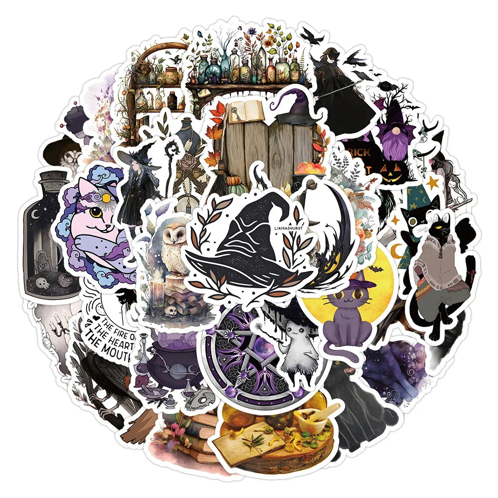 10/30/50pcs Vintage Gothic Magic World Witch Cat Anime Stickers Laptop Motorcycle Luggage Car Phone Waterproof Sticker Decals (Online Order Only)