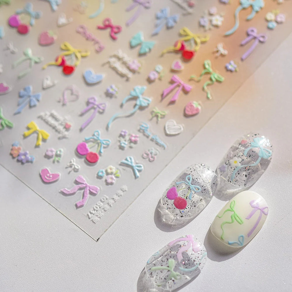 Doodle Pink Blue Ribbon Bowknot Flower Cherry Strawberry Graffiti Love Heart Delicate Embossed Nail Art Sticker Manicure Decals (ONLINE ORDER ONLY)