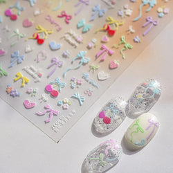 Doodle Pink Blue Ribbon Bowknot Flower Cherry Strawberry Graffiti Love Heart Delicate Embossed Nail Art Sticker Manicure Decals (ONLINE ORDER ONLY)