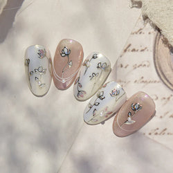 Mini Three Leaf Flower Magnolia Lotus Flower Stem Gradual Petal Line Arc Metal Sillver Delicate Nail Art Stickers Manicure Decal (Online Order Only)