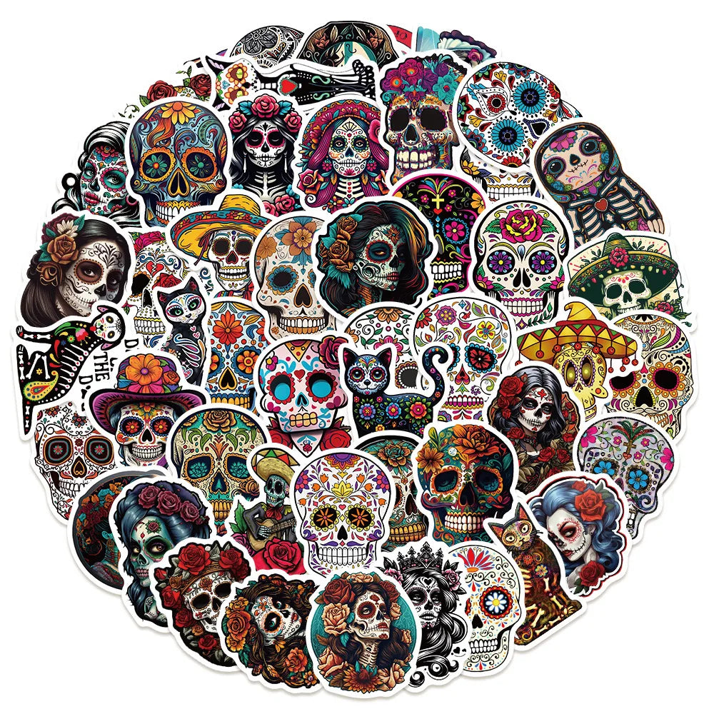 10/50PCS Mexico Horror Skull Flower Stickers Aesthetic Day of the Dead Decals Funny Graffiti DIY Fridge Skateboard Phone Sticker (Online Order Only)