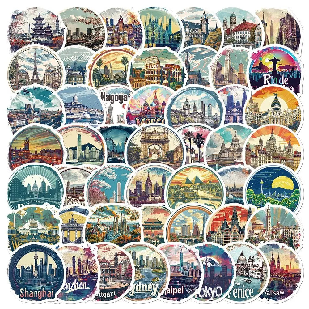 10/50PCS Cool Global Famous Travel City Landscape Stickers Landmark Buildings Decals DIY Phone Luggage Laptop Skateboard Sticker (ONLINE ORDER ONLY)