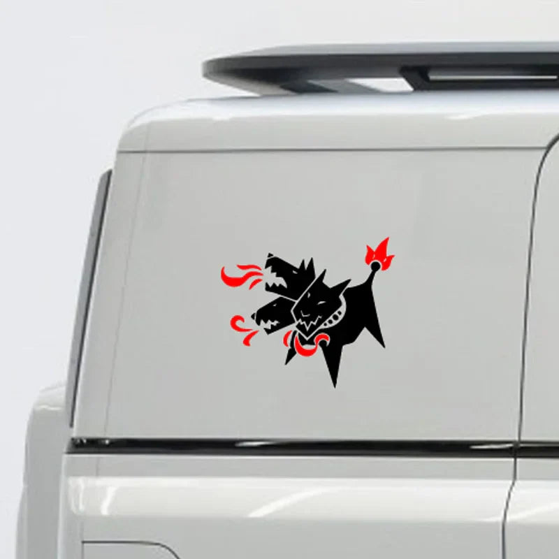 Cartoon Cerberus Stickers,cute&funny Three-headed dog brething fire,White and Black，For Cars, Trucks, Walls, Motorcycles (ONLINE ORDER ONLY)