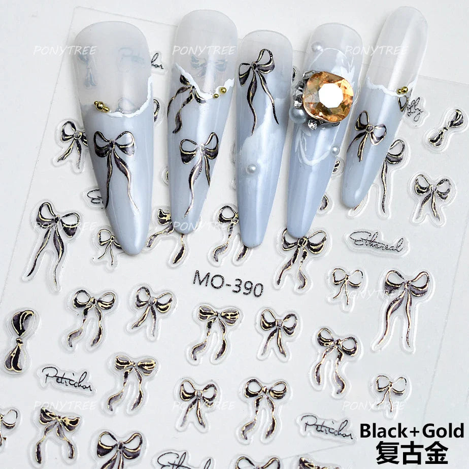 Gold Silver White Black Pink Blue Bowknot Ribbon Flat 3D Line Gird Strap Tie Elegant Charming Nail Art Stickers Manicure Decals (ONLINE ORDER ONLY)