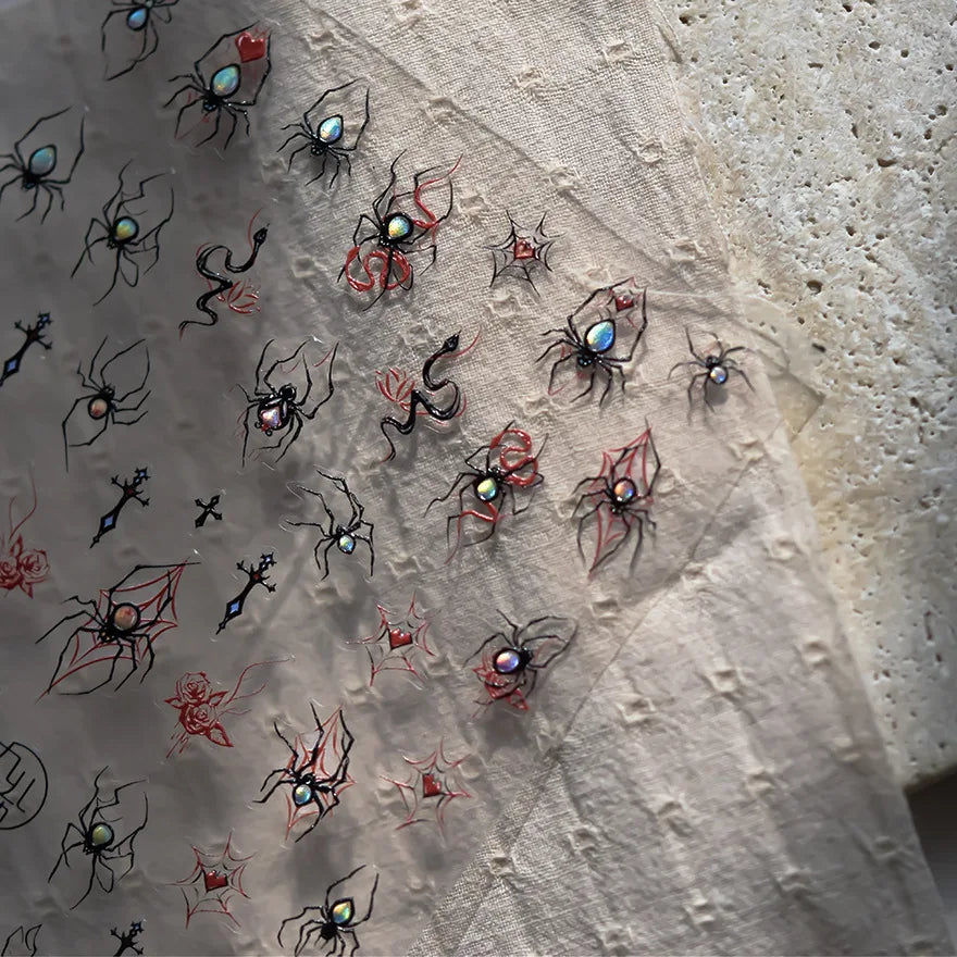 Cat Eye Halloween Terror Spider Cross Rose Love Heart Flower Snake Web Candy Bunny Thrilling Nail Art Stickers Manicure Decals (Online Order Only)