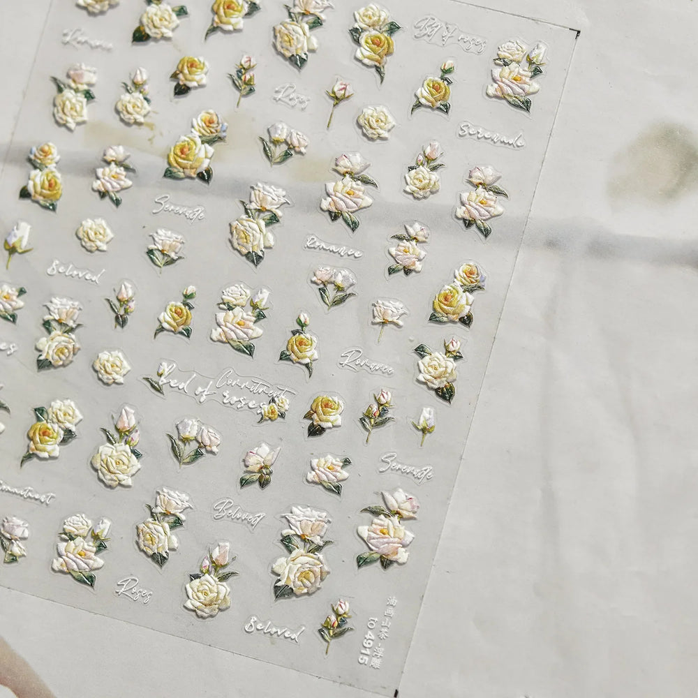 Oil Painting Style Rose Camellia Flower Vase Romantic Candle Holder Bowknot Embossed Adhesive Nail Art Stickers Manicure Decals (ONLINE ORDER ONLY)