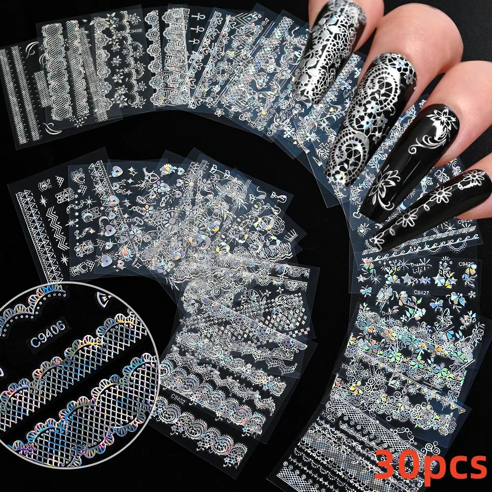 30Pcs/Set Red Golden 3D Nail Art Sticker Hot Stamping Hollow Decals Mixed Designs Adhesive Flower Nail Tips Letter Butterfly Set (Online Order Only)