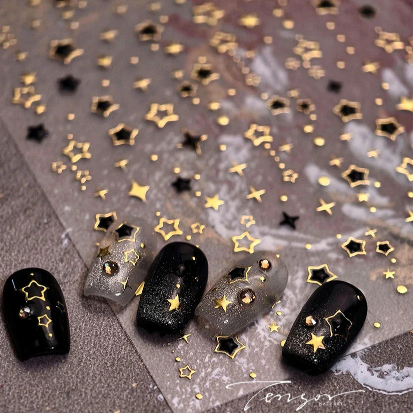 Hollow Out Black Gold Star Starburst Round Dot Night-time Tiny Spot Self Adhesive Nail Art Stickers Manicure Decals Wholesale (ONLINE ORDER ONLY)