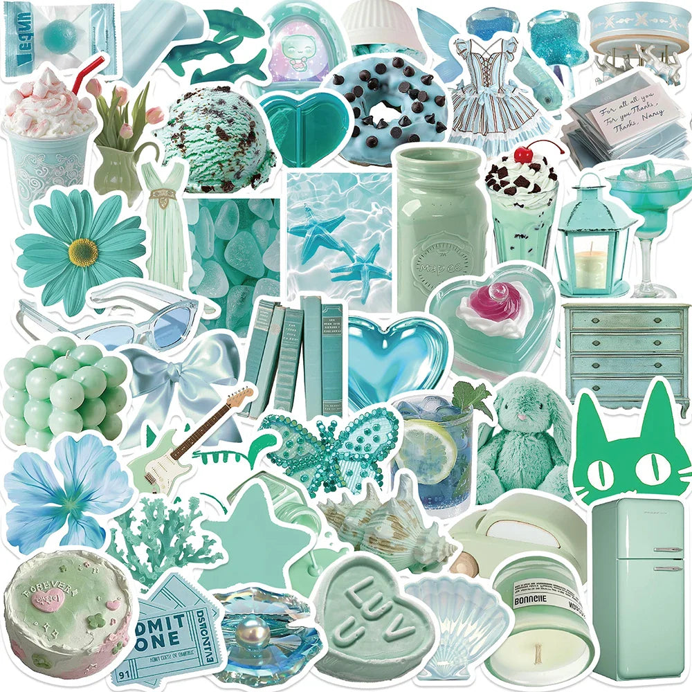 10/30/50PCS Cute Mint Green Stickers Ins Style Simple Aesthetic Decals Notebook Fridge Laptop Phone Bike DIY Decoration Kids Toy (Online Order Only)