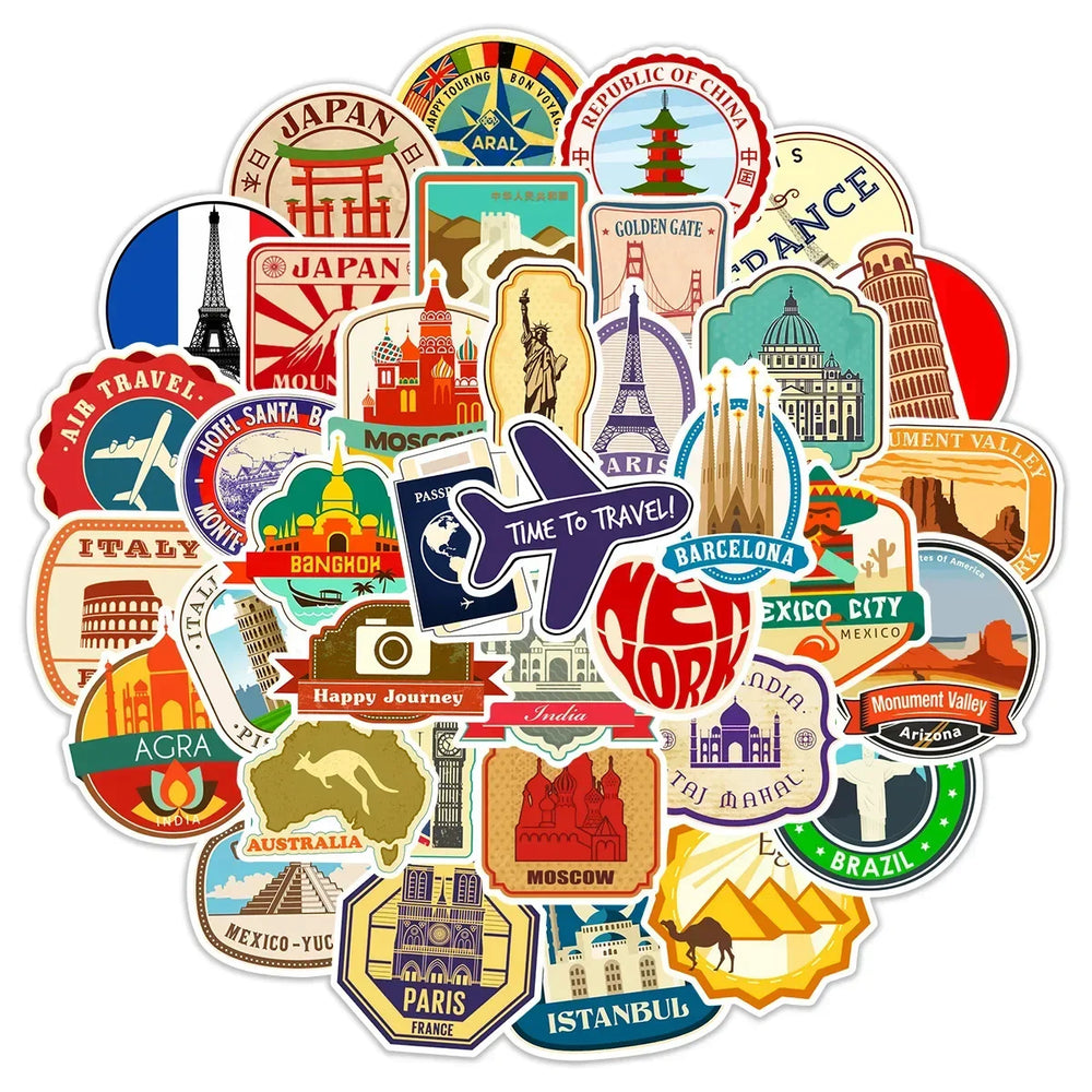 10/50pcs Vintage World Famous Building Stickers Aesthetic Travel Landmark Decal Graffiti DIY Phone Suitcase Luggage Wall Sticker (ONLINE ORDER ONLY)