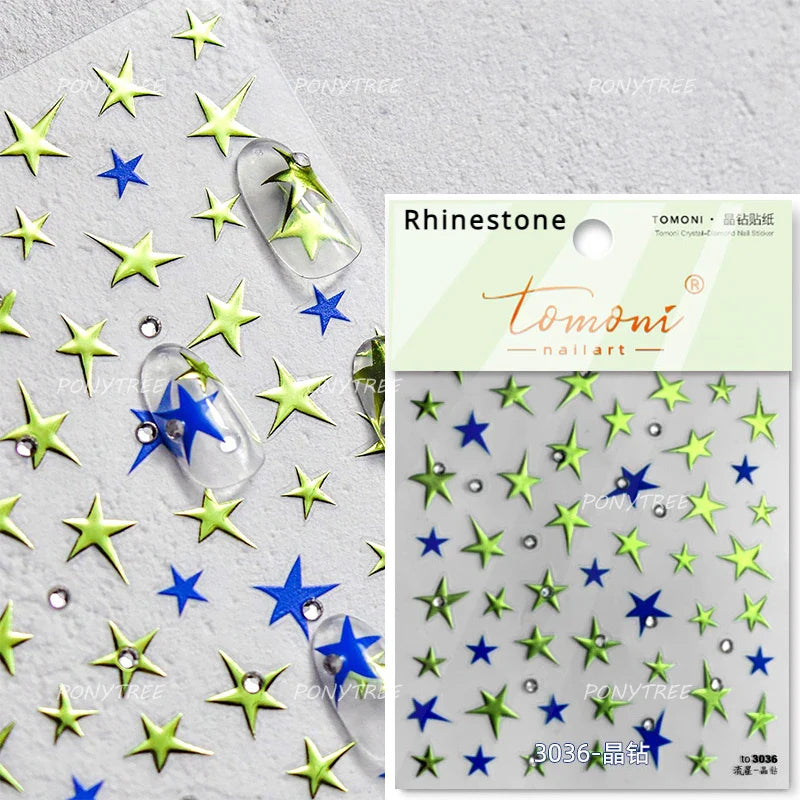 Irregular Stars Red Silver Five-pointed Star Meteor Shiny 5D Self Adhesive Nail Art Stickers Romantic Rhinestone Manicure Decals (ONLINE ORDER ONLY)