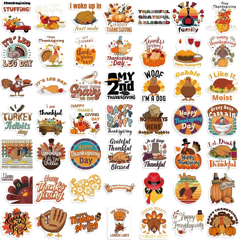 50PCS Thanksgiving Day Sticker Cartoon Cute Children DIY Scrapbooking Gift Decoration Stickers PVC Waterproof Funny Kawaii Decal (ONLINE ORDER ONLY)
