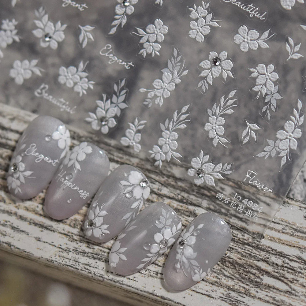 Wet Garden White Flower Leaves Elegant Beautiful Petal Delicate 5D 3D Charming Spring Adhesive Nail Art Stickers Manicure Decals (ONLINE ORDER ONLY)