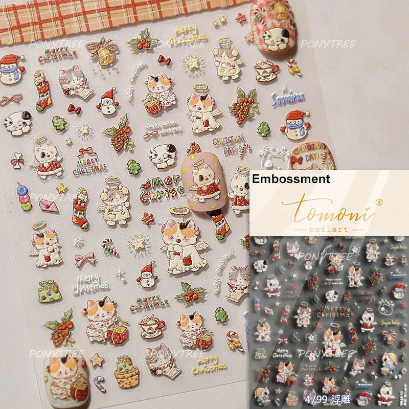 Cat Kitten Star Tree Bell Angel Bowknot Snowman Envelope Pinecone Bone Adhesive Nail Art Stickers Cup Rhinestone Manicure Decals (ONLINE ORDER ONLY)
