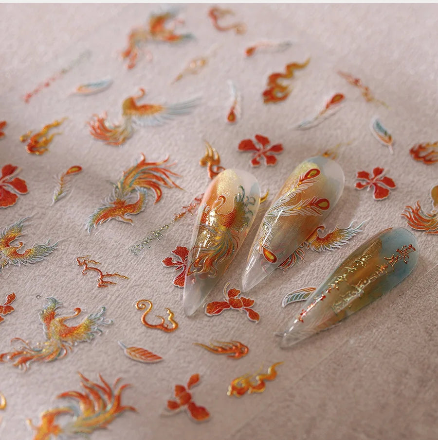 Charming Red Rose Phoenix Flower Wing Leaves Flower Feather Pearl Relief Embossed 5D Adhesive Nail Art Stickers Manicure Decals (ONLINE ORDER ONLY)