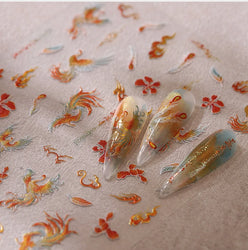 Charming Red Rose Phoenix Flower Wing Leaves Flower Feather Pearl Relief Embossed 5D Adhesive Nail Art Stickers Manicure Decals (ONLINE ORDER ONLY)