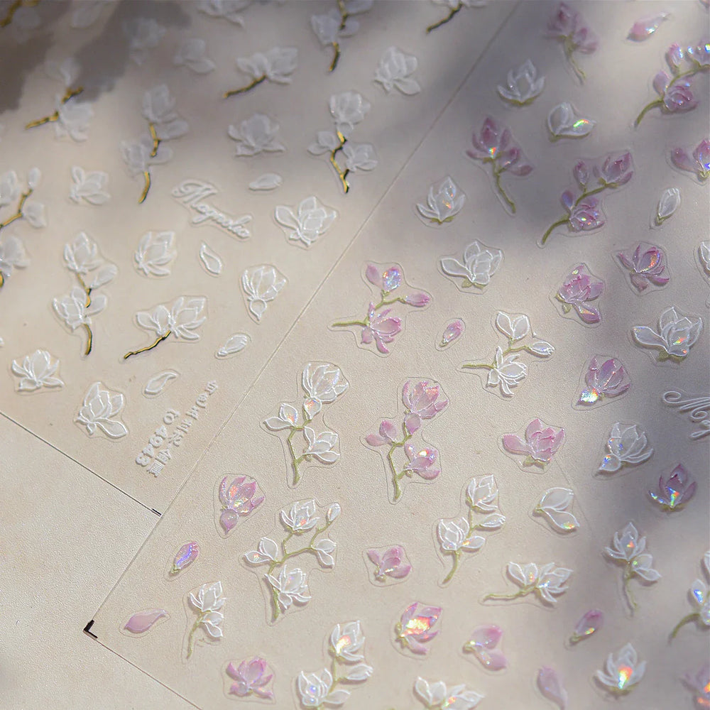 Translucent White White Pink Magnolia Rose Flower Floral Soft Embossed Relief Adhesive Nail Art Stickers Chic 3D Manicure Decals (ONLINE ORDER ONLY)