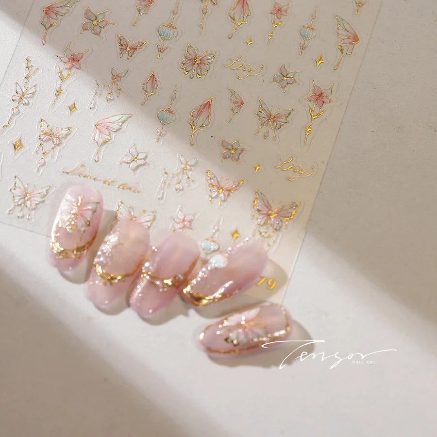 Butterfly Peach Blossom Flowers Lantern Star Tassel Pendant Gold Hot Stamping Self Adhesive Nail Art Stickers Manicure Decals (ONLINE ORDER ONLY)
