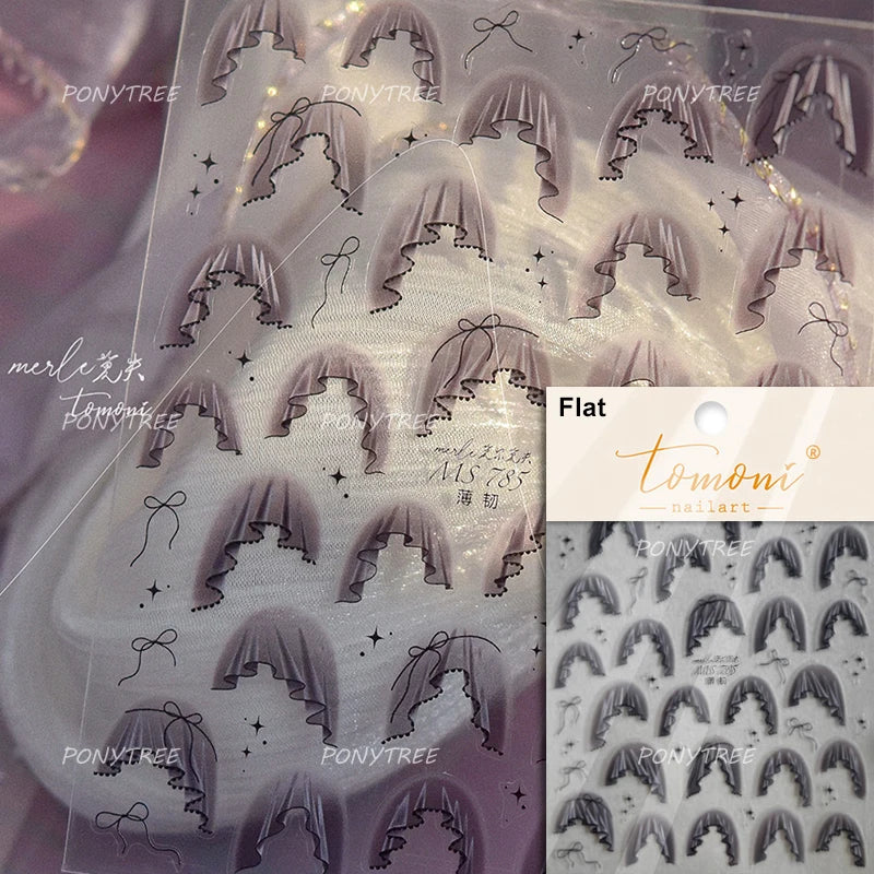 French Skirt Hem Halo Dyeing Purple Pink White Hemline Bowknot Wedding Veil Dreamy Star Adhesive Nail Art Sticker Manicure Decal (ONLINE ORDER ONLY)