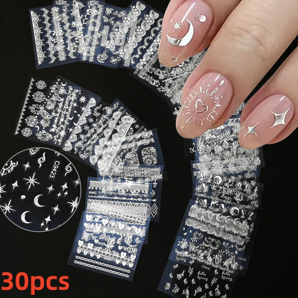 30Pcs/Set Red Golden 3D Nail Art Sticker Hot Stamping Hollow Decals Mixed Designs Adhesive Flower Nail Tips Letter Butterfly Set (Online Order Only)