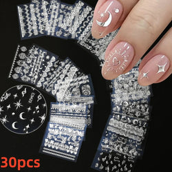 30Pcs/Set Red Golden 3D Nail Art Sticker Hot Stamping Hollow Decals Mixed Designs Adhesive Flower Nail Tips Letter Butterfly Set (Online Order Only)