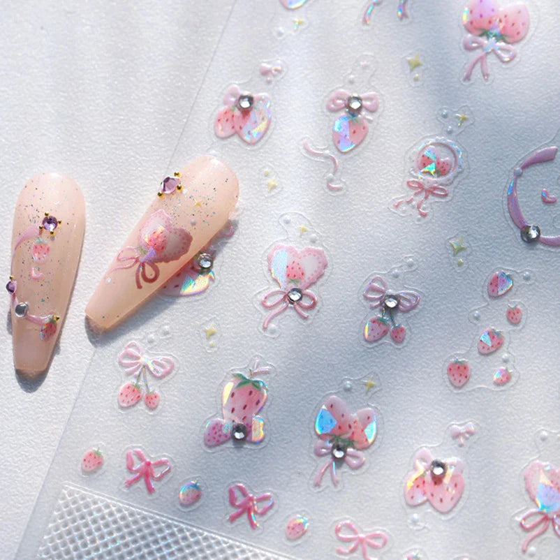 Cute Pink Strawberry Bowknot Star Lesbian Ribbon Fluttering Fruit Rhinestone Relief Adhesive Nail Art Stickers Manicure Decals (ONLINE ORDER ONLY)