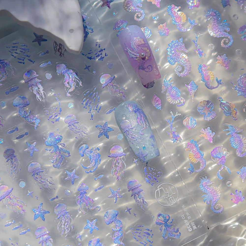 Jellyfish Schools of Fish Shoal Mermaid Tail Seahorse Dreamy Ocean Starfish Shell Coral Adhesive Nail Art Sticker Manicure Decal (ONLINE ORDER ONLY)